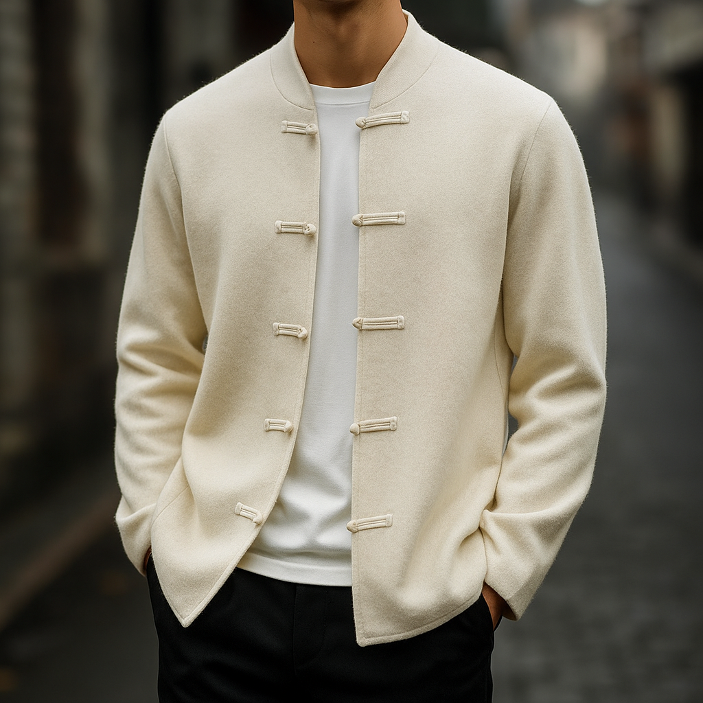 Men's Cardigan with Stand Collar and Button Closure