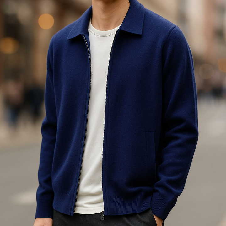 Men's Cardigan with Zipper Front and Structured Collar