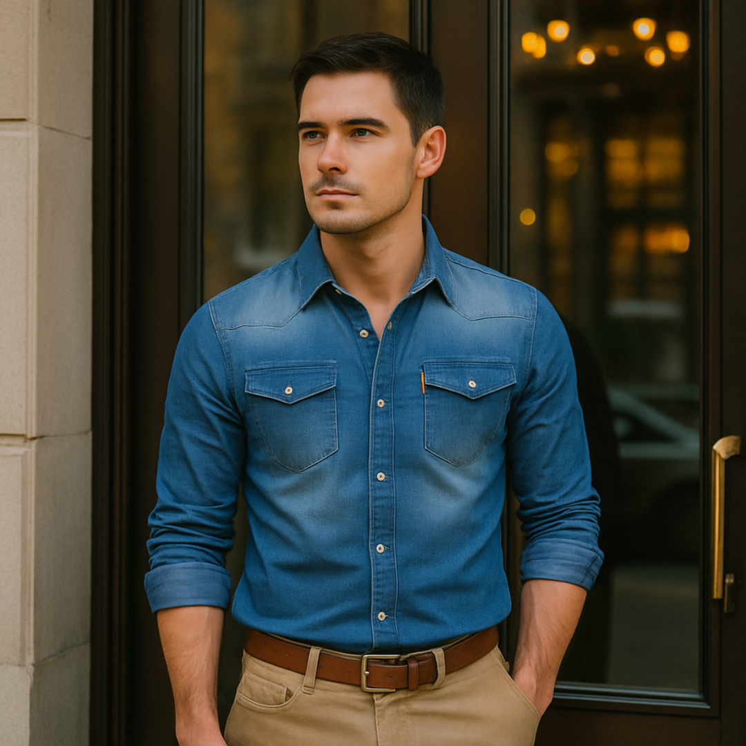 Mens Denim Shirt with Button-Down Front and Chest Pockets