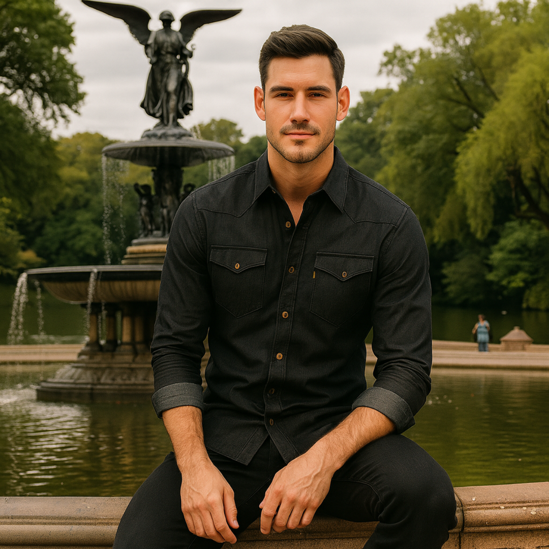 Mens Denim Shirt with Button-Down Front and Chest Pockets