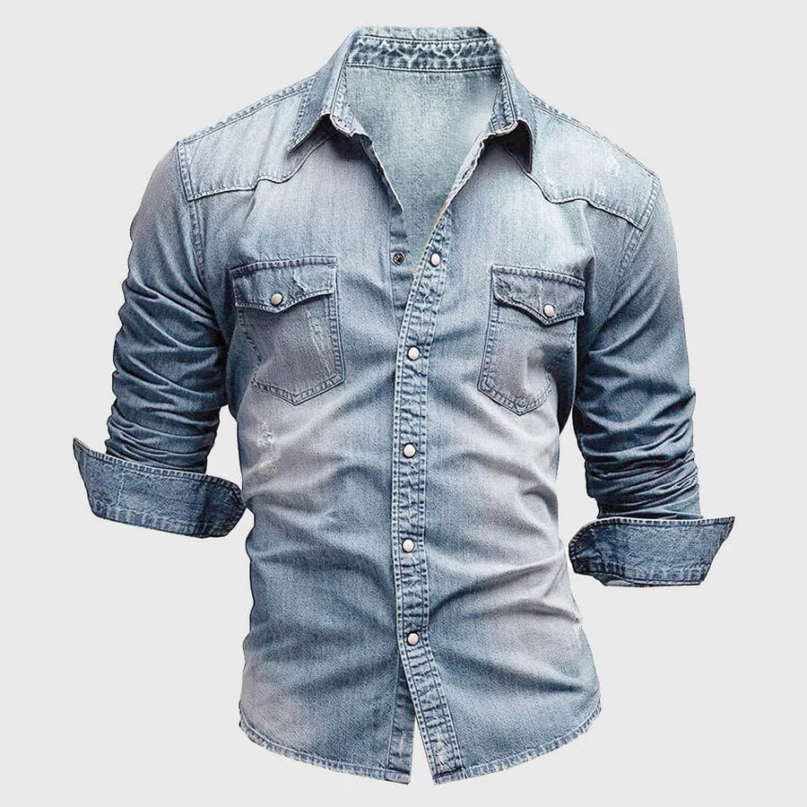 Mens Denim Shirt with Fold‑Down Collar and Chest Pockets