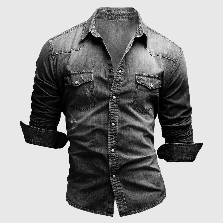 Mens Denim Shirt with Fold‑Down Collar and Chest Pockets