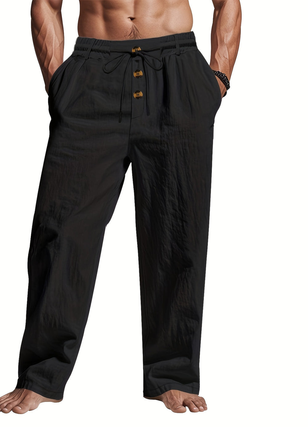 Men’s Linen Trousers with Drawstring Waist and Multi-Button Design