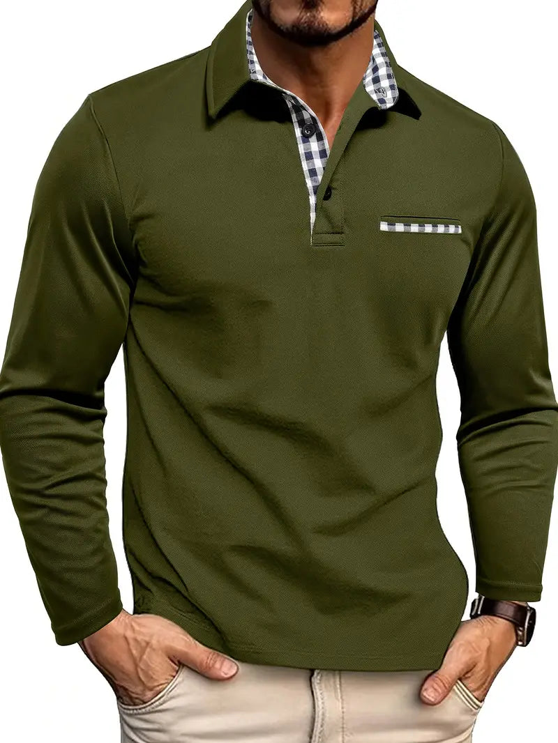 Men’s Long-Sleeved Polo Shirt with Checkered Collar and Pocket