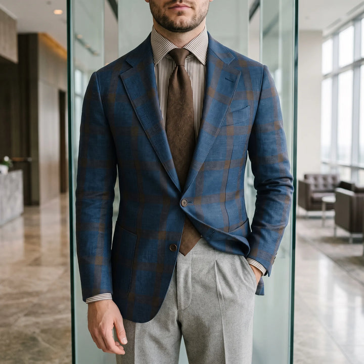 Mens Navy Blazer With Two-Button Closure And Bold Check Pattern