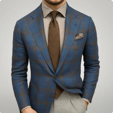 Mens Navy Blazer With Two-Button Closure And Bold Check Pattern