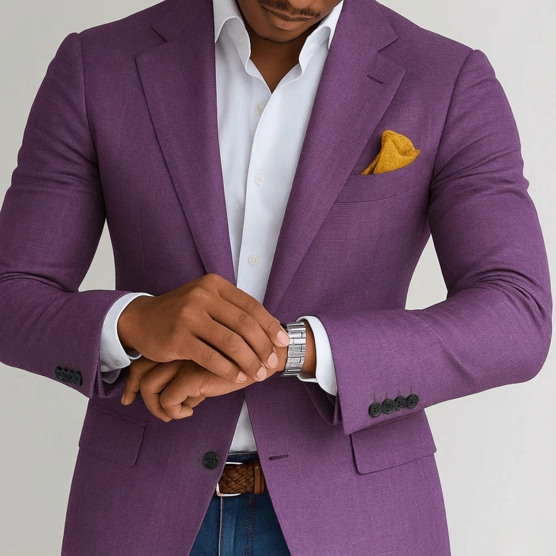 Mens Navy Blazer With Two-Button Closure And Bold Check Pattern