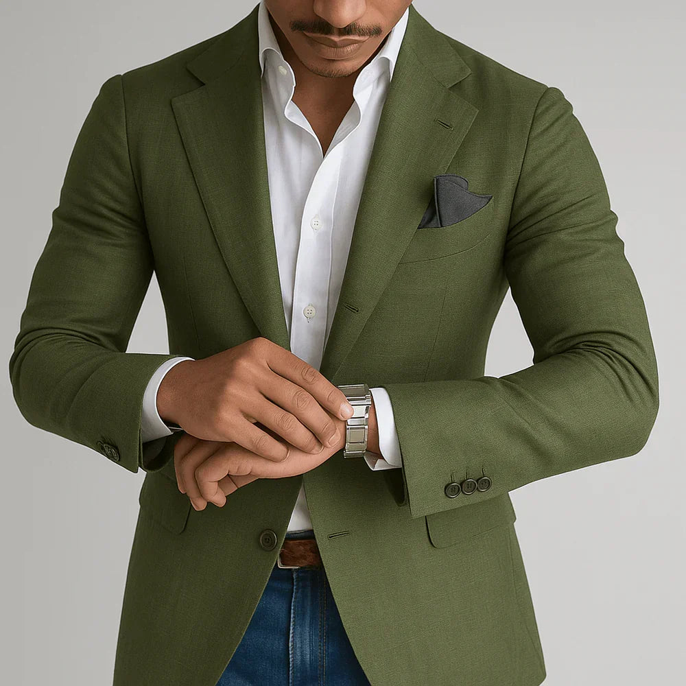 Mens Navy Blazer With Two-Button Closure And Bold Check Pattern