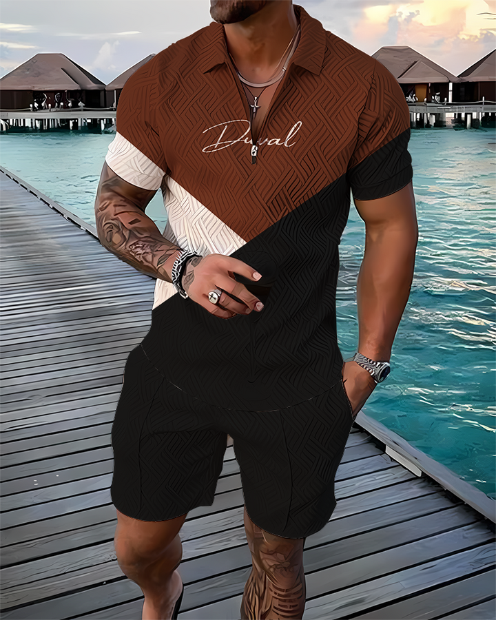 Men’s Polo Shirt and Shorts Set with Smile Face Print and Pocket