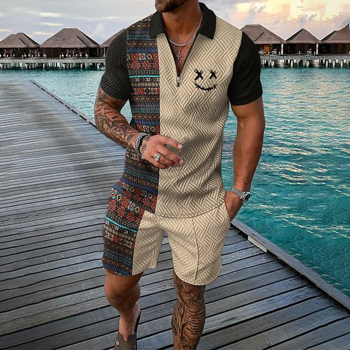 Men’s Polo Shirt and Shorts Set with Smile Face Print and Zipper Closure