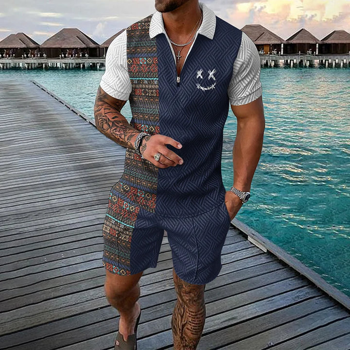 Men’s Polo Shirt and Shorts Set with Smile Face Print and Zipper Closure