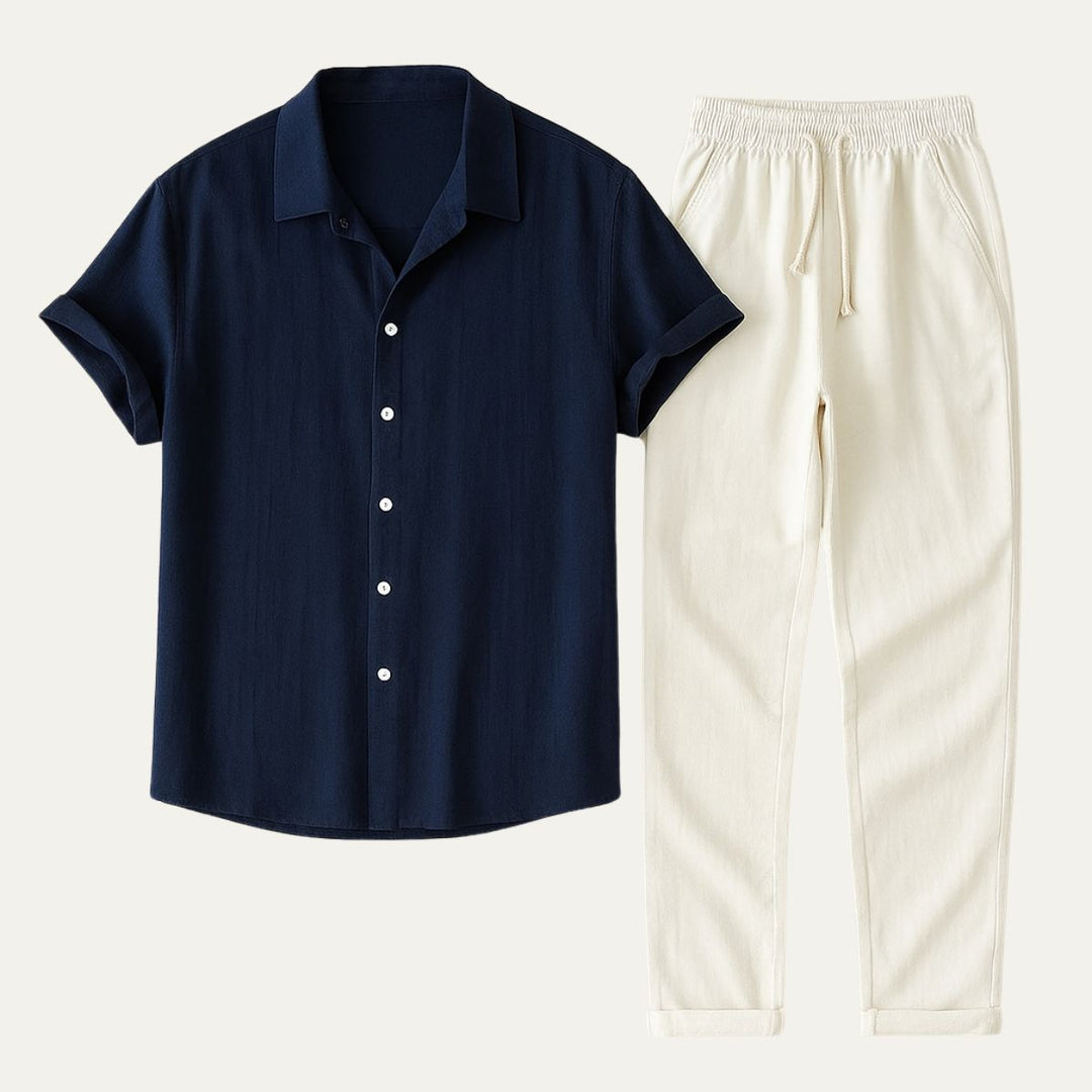 Mens Set with Short Sleeve Shirt and Drawstring Trousers