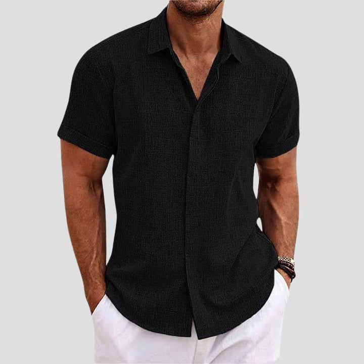 Mens Short Sleeve Shirt with Lapel Collar and Button Closure