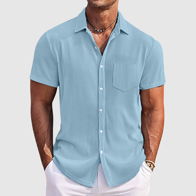 Mens Striped Short Sleeve Shirt with Turn‑Down Collar and Chest Pocket