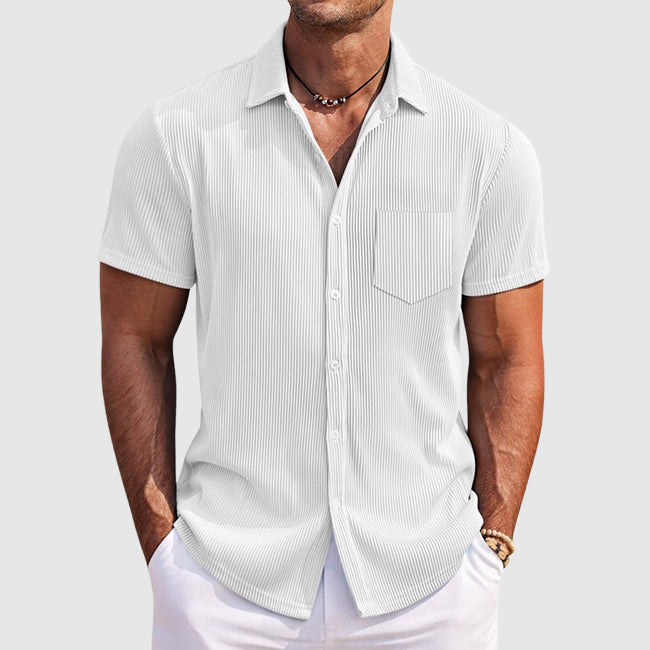 Mens Striped Short Sleeve Shirt with Turn‑Down Collar and Chest Pocket