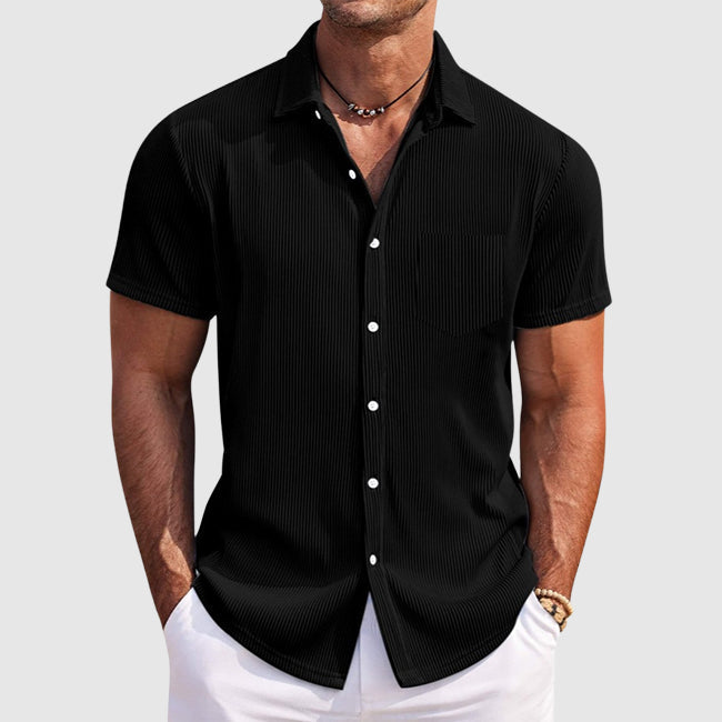 Mens Striped Short Sleeve Shirt with Turn‑Down Collar and Chest Pocket