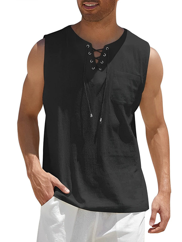 Men’s Summer Tank Top with Lace-Up V-Neck and Loose Fit