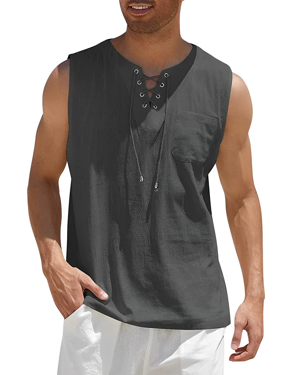 Men’s Summer Tank Top with Lace-Up V-Neck and Loose Fit