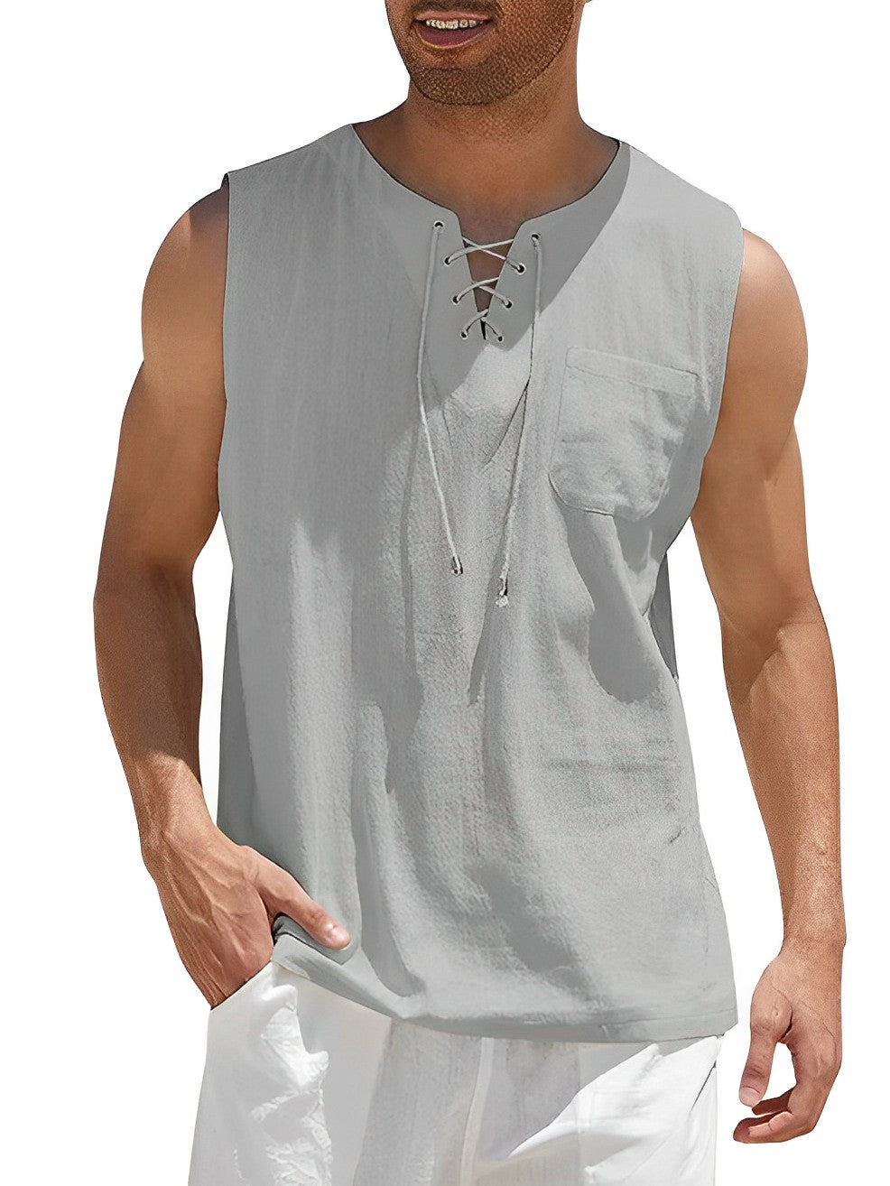 Men’s Summer Tank Top with Lace-Up V-Neck and Loose Fit