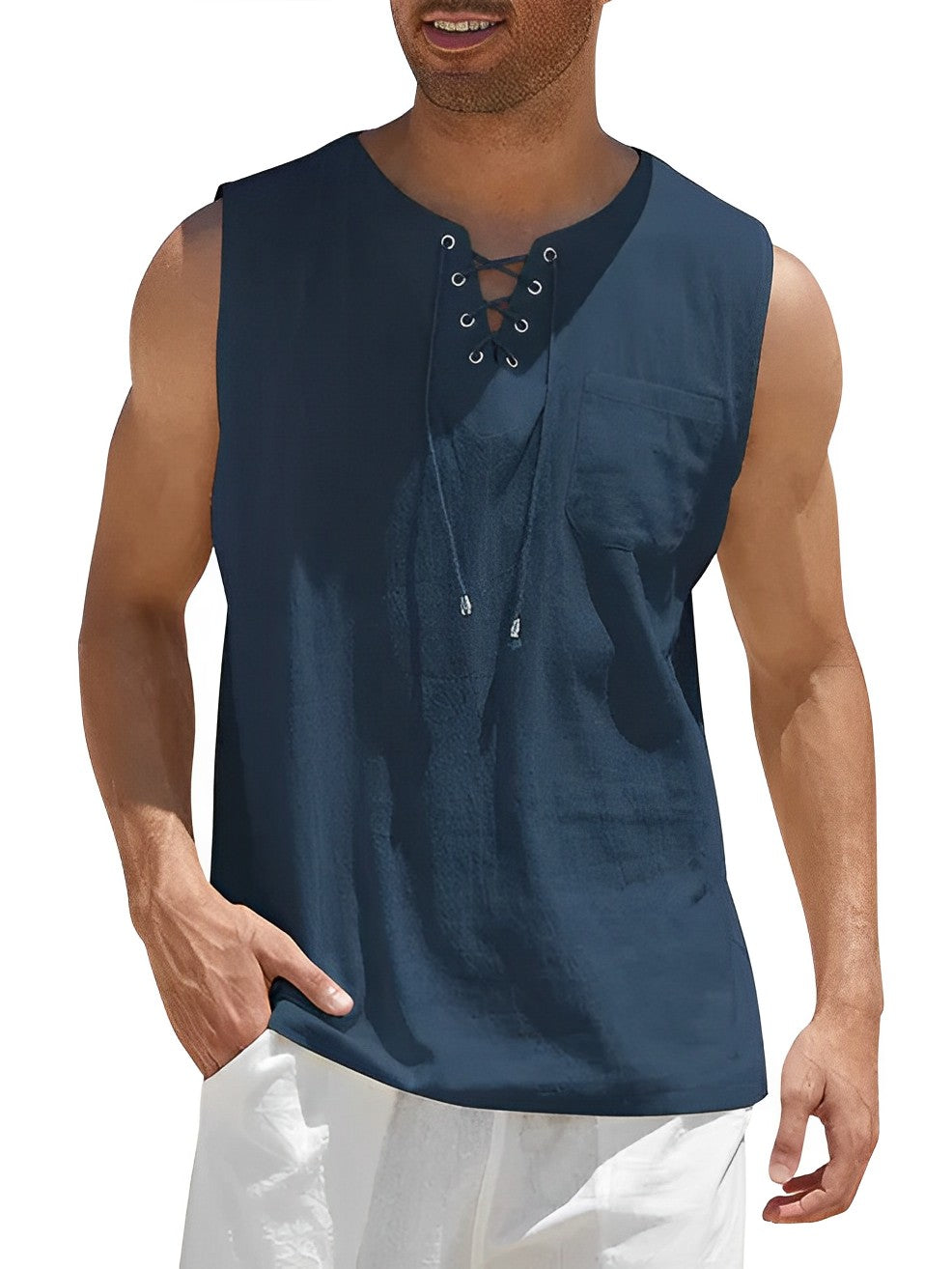 Men’s Summer Tank Top with Lace-Up V-Neck and Loose Fit