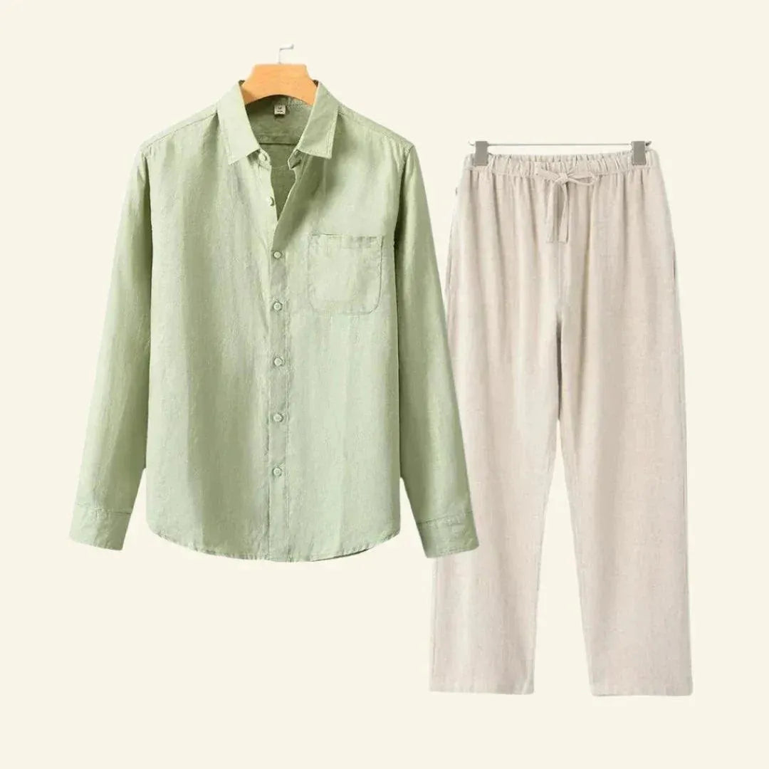 Men’s Two-Piece Set with Button Shirt and Side Pockets