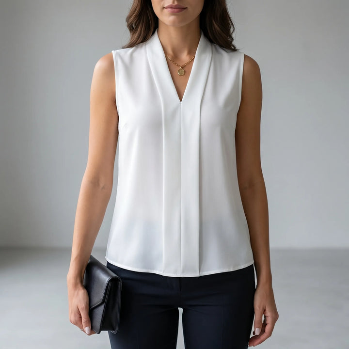Plissara - Sleeveless Pleated V-Neck Blouse