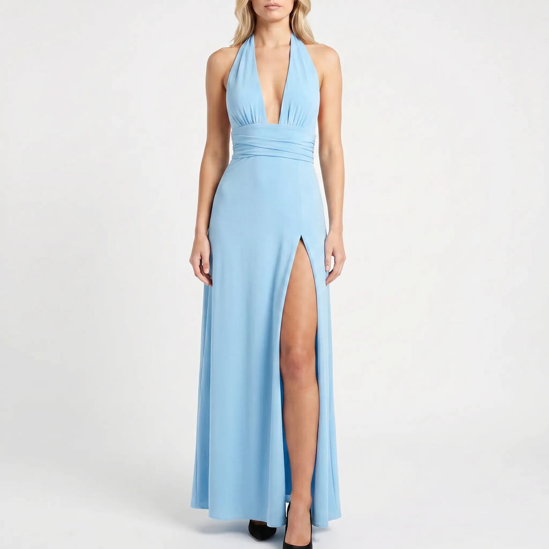 Plunara - Plunge Neckline Halter Maxi Dress