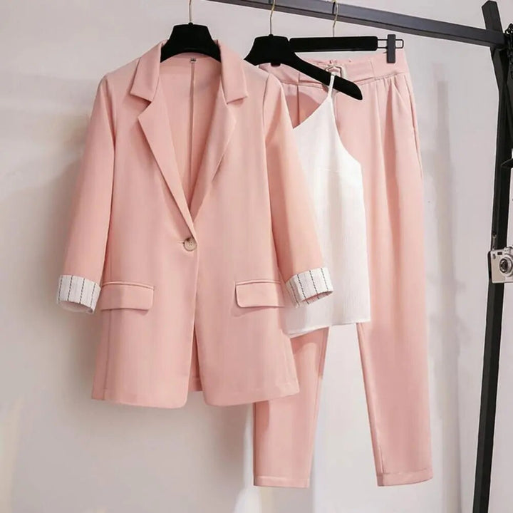Women’s Three-Piece Blazer Set with Sleeveless Top and Tailored Trousers