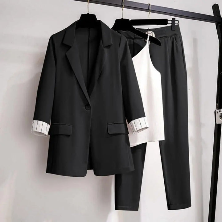 Women’s Three-Piece Blazer Set with Sleeveless Top and Tailored Trousers