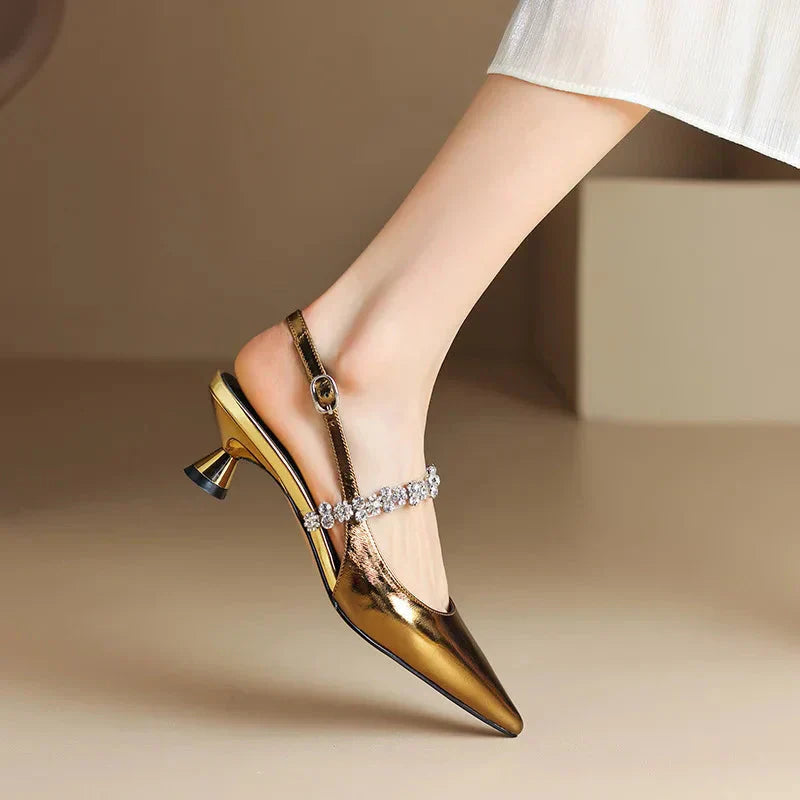 Women’s Crystal Strap Slingback Heels with Pointed Toe and Adjustable Back Strap