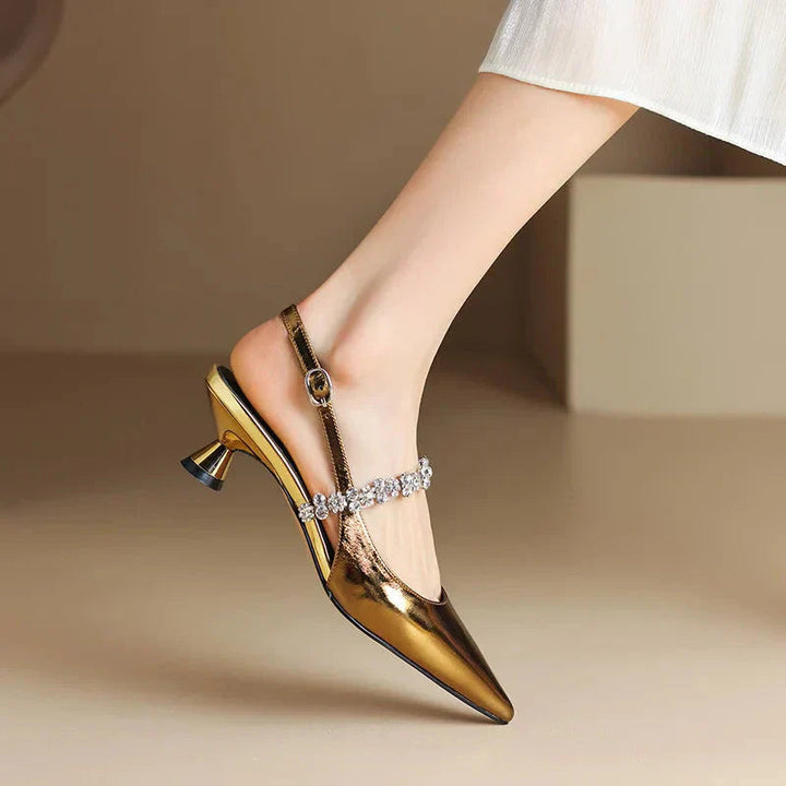 Women’s Crystal Strap Slingback Heels with Pointed Toe and Adjustable Back Strap