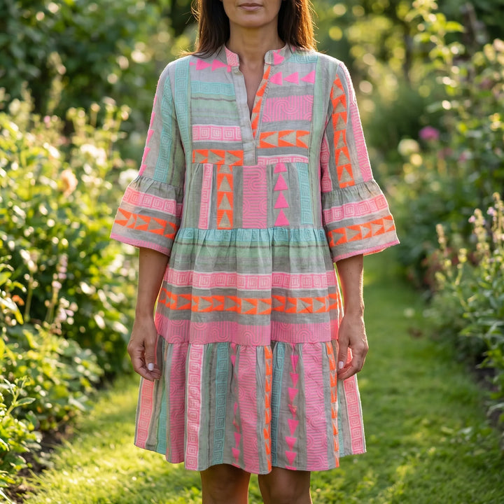 Solante - Tiered Ruffle Midi Dress With Geometric Print