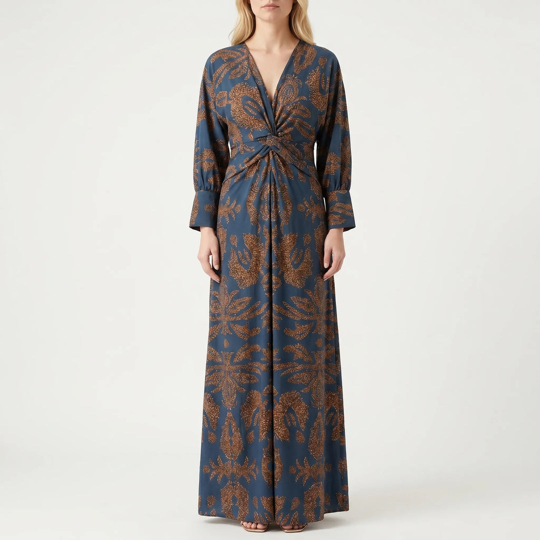 Velourne - Printed A-Line Maxi Dress With Front Knot