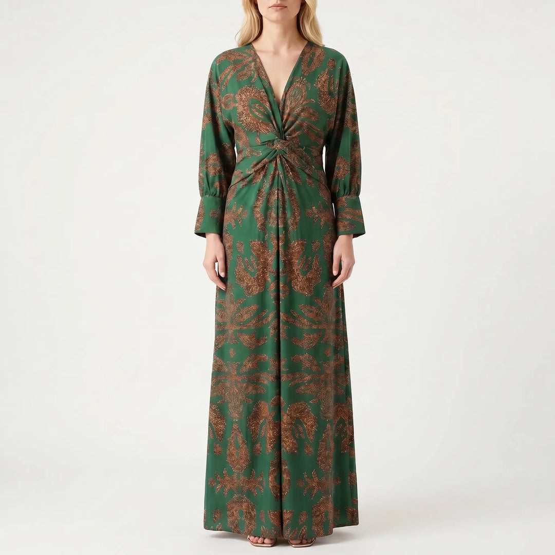 Velourne - Printed A-Line Maxi Dress With Front Knot