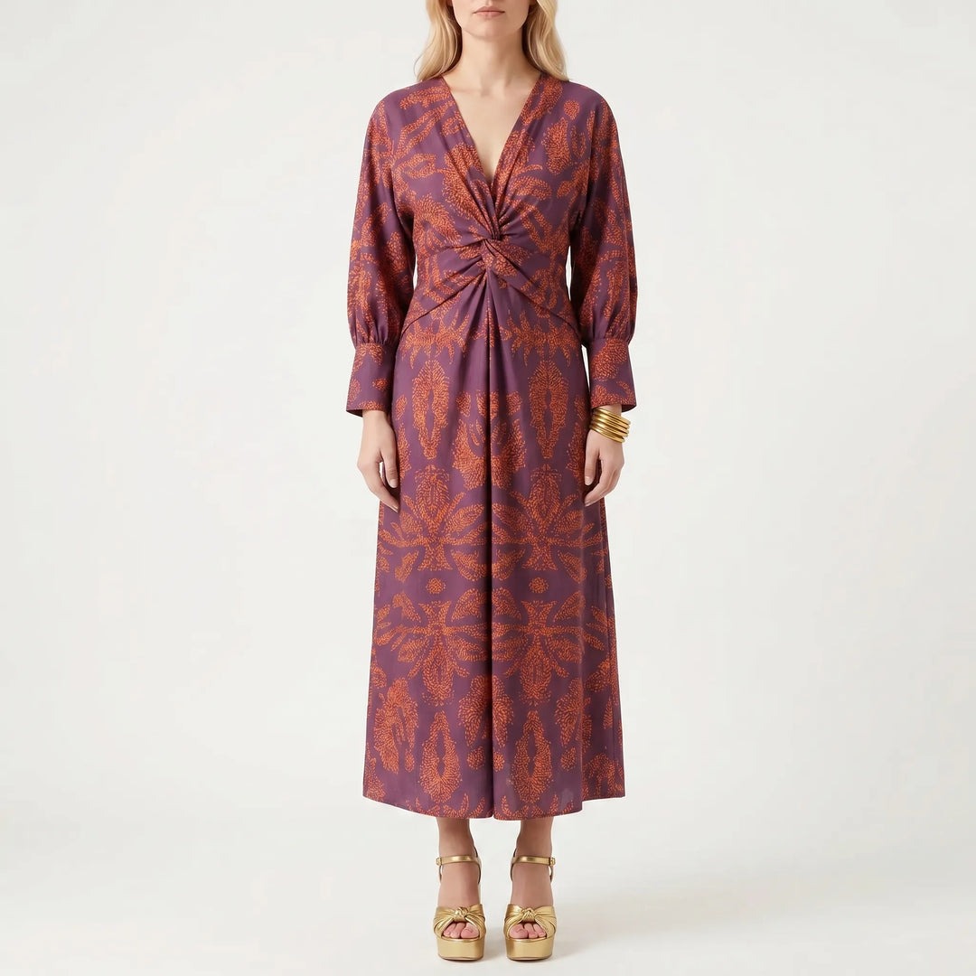 Velourne - Printed A-Line Maxi Dress With Front Knot