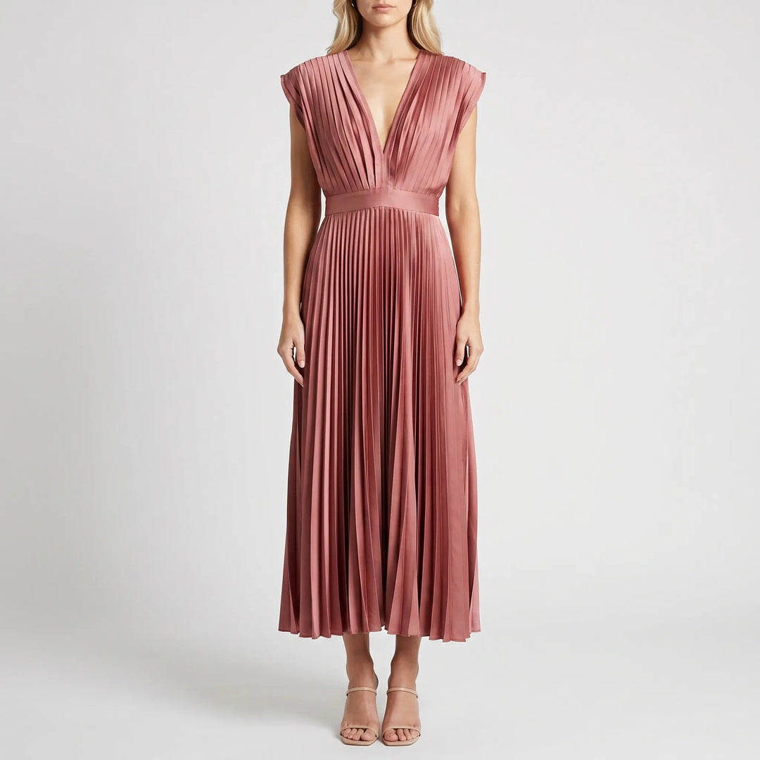 Velvara - Pleated V-Neck Maxi Dress