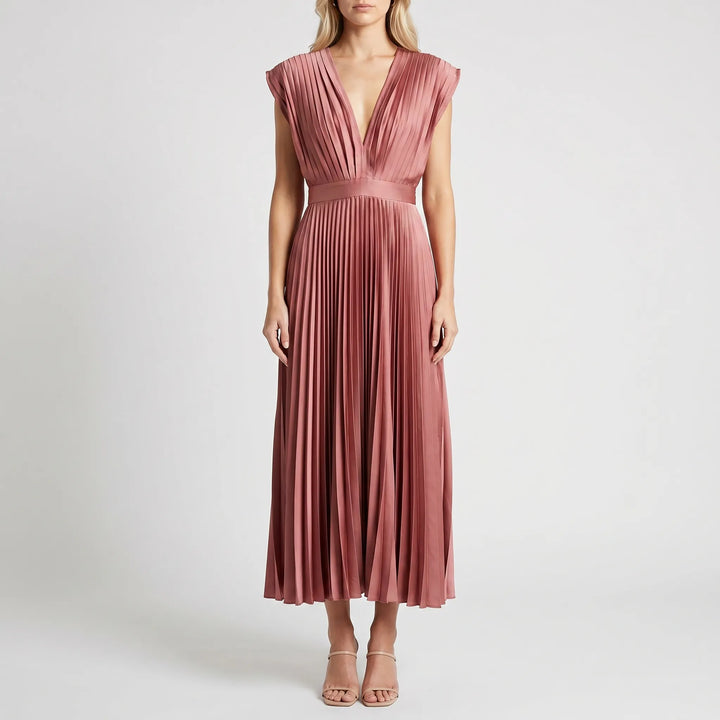 Velvara - Pleated V-Neck Maxi Dress