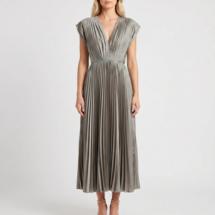 Velvara - Pleated V-Neck Maxi Dress