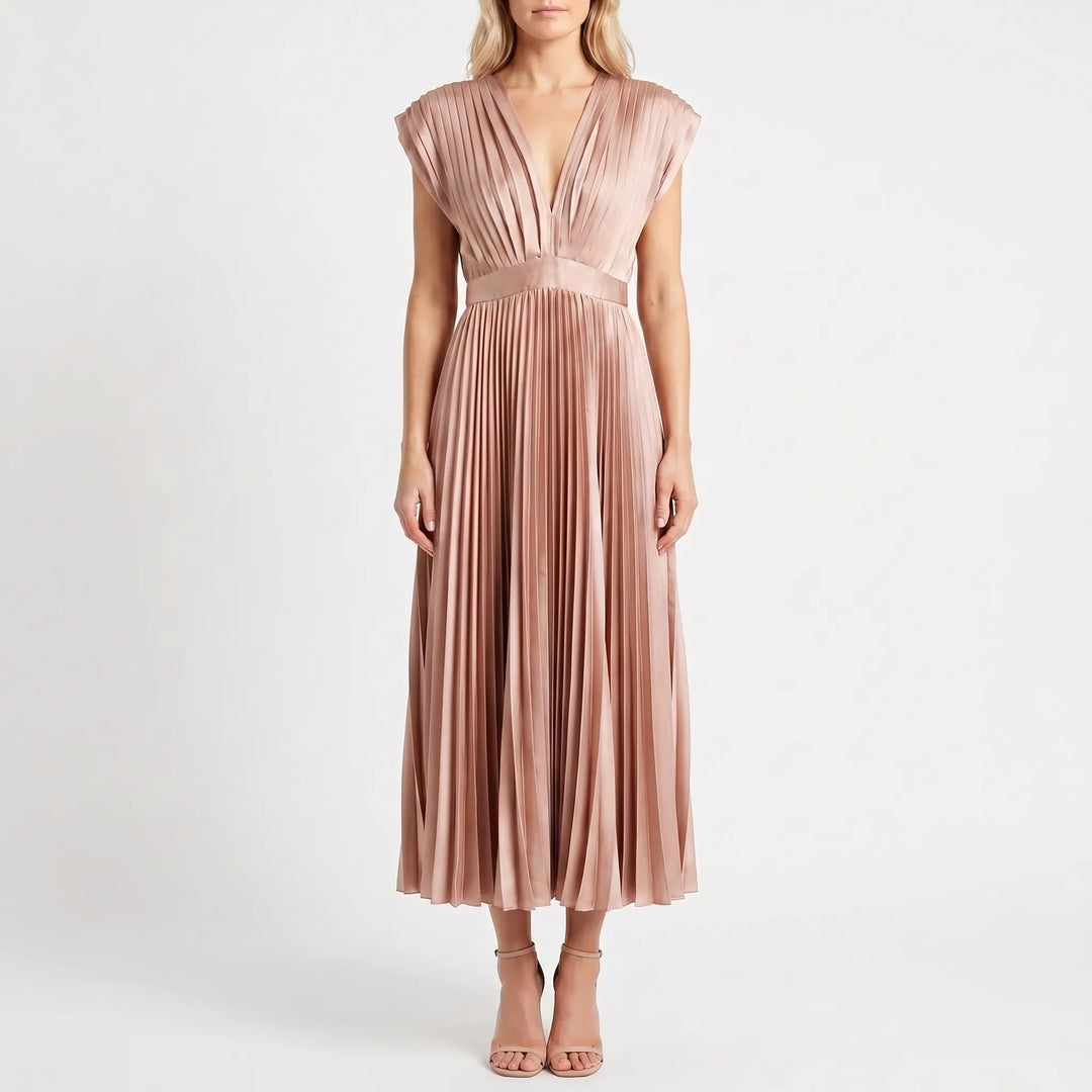 Velvara - Pleated V-Neck Midi Occasion Dress