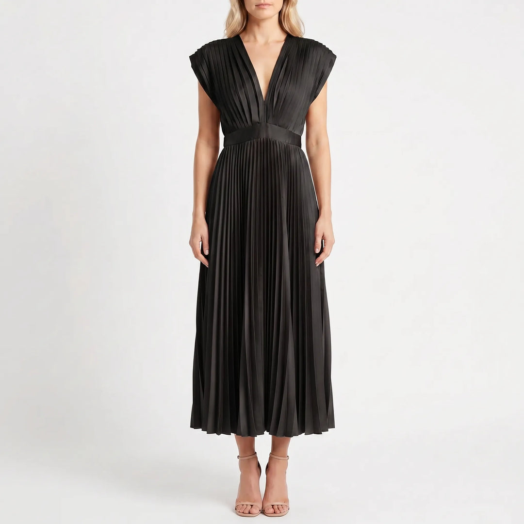 Velvara - Pleated V-Neck Midi Occasion Dress