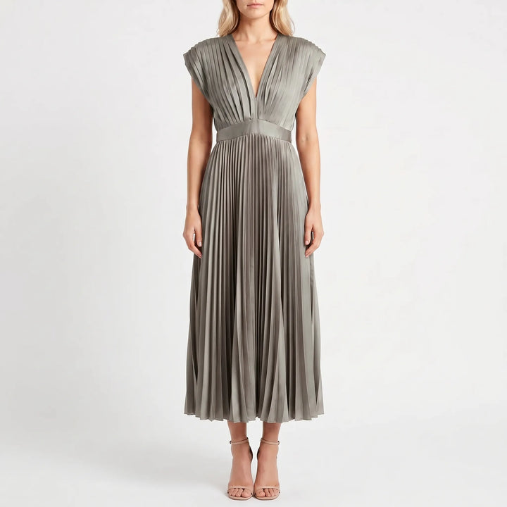 Velvara - Pleated V-Neck Midi Occasion Dress