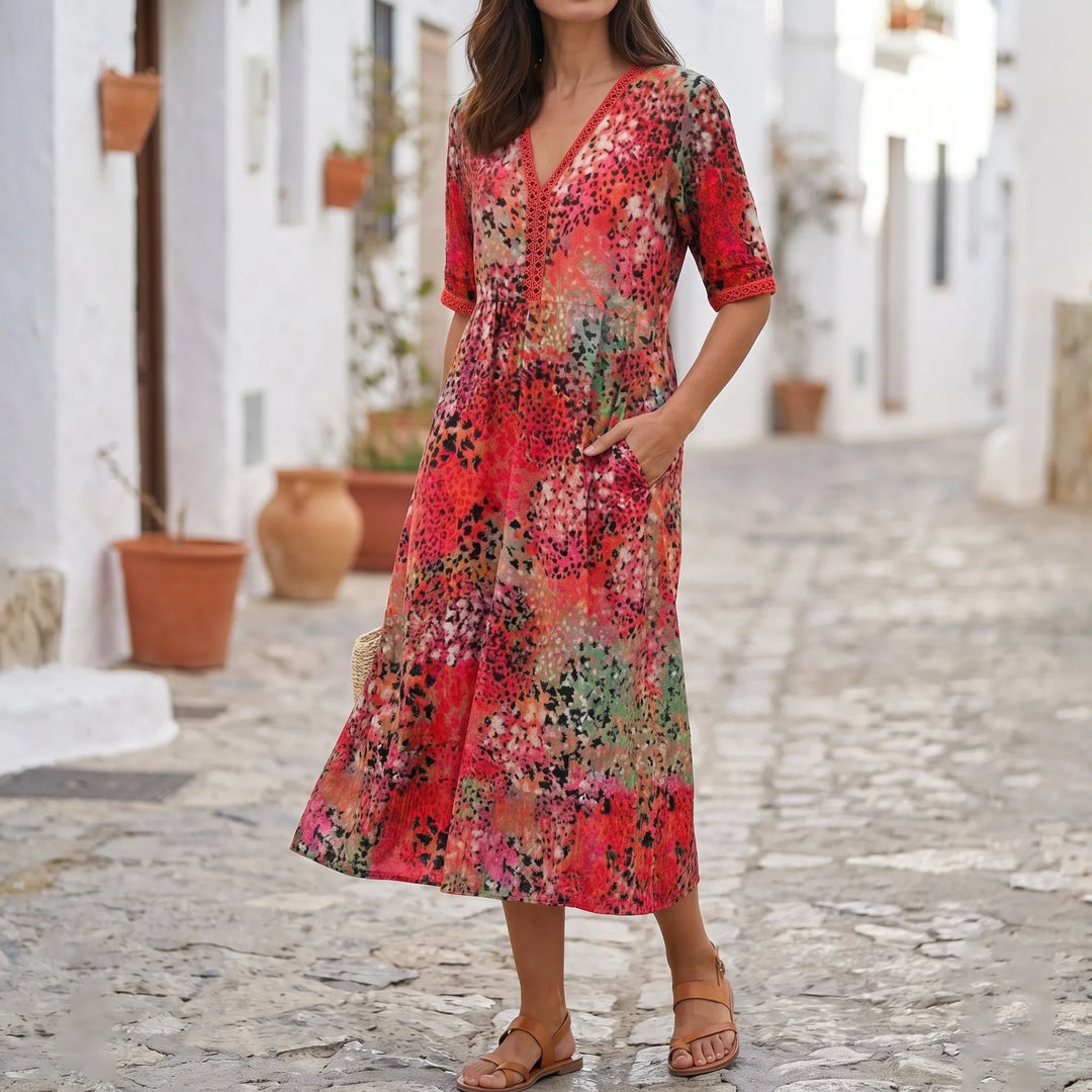 Vibrella - Printed V-Neck Midi Dress With Pockets
