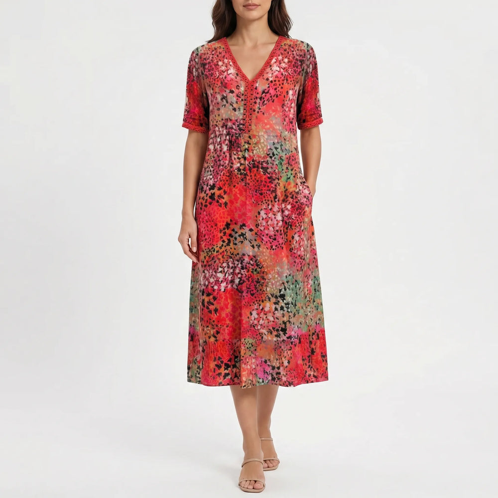 Vibrella - Printed V-Neck Midi Dress With Pockets
