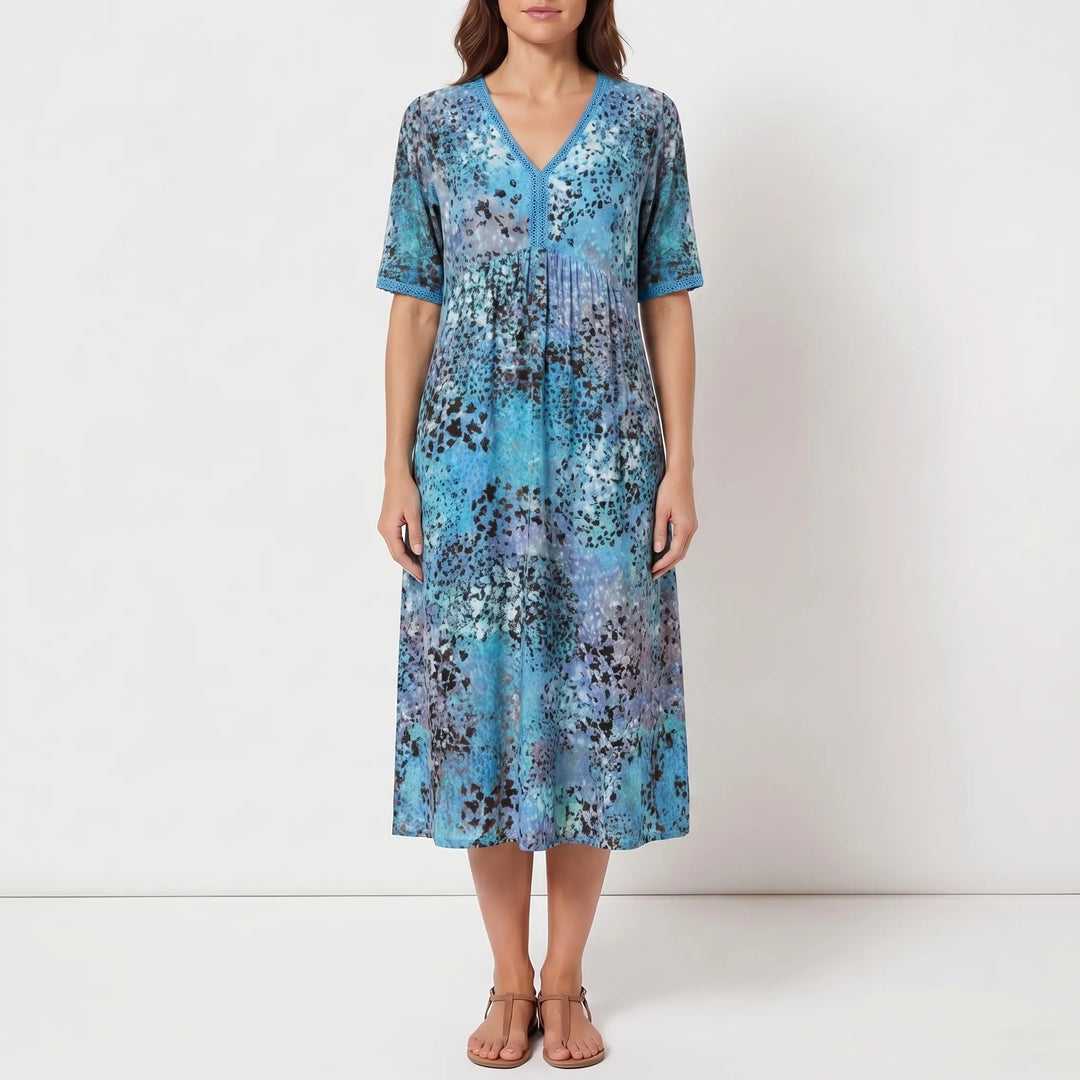 Vibrella - Printed V-Neck Midi Dress With Pockets