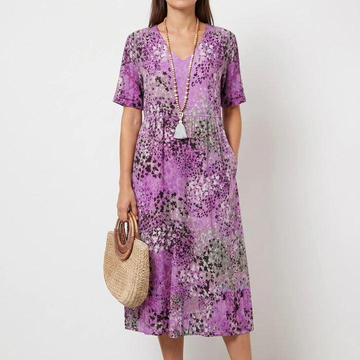 Vibrella - Printed V-Neck Midi Dress With Pockets