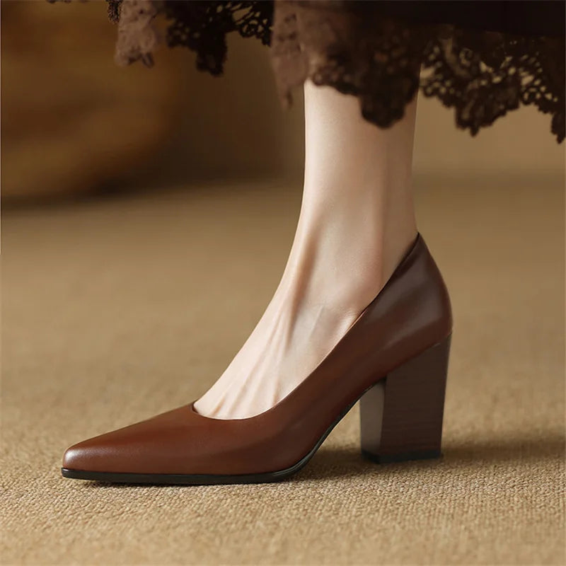Women’s Block Heel Pumps with Pointed Toe and Slip-On Design