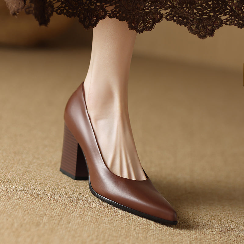 Women’s Block Heel Pumps with Pointed Toe and Slip-On Design