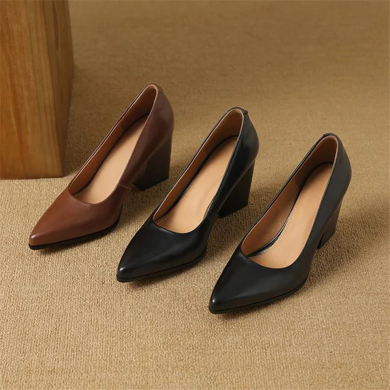 Women’s Block Heel Pumps with Pointed Toe and Slip-On Design