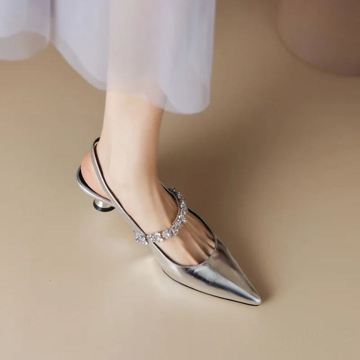 Women’s Crystal Strap Slingback Heels with Pointed Toe and Adjustable Back Strap