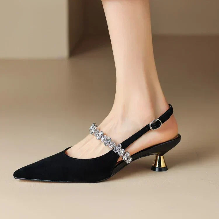 Women’s Crystal Strap Slingback Heels with Pointed Toe and Adjustable Back Strap